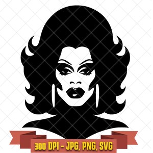 Drag queen SVG, bold performer with voluminous hair and hoop earrings black and white clipart for Cricut and pride crafts