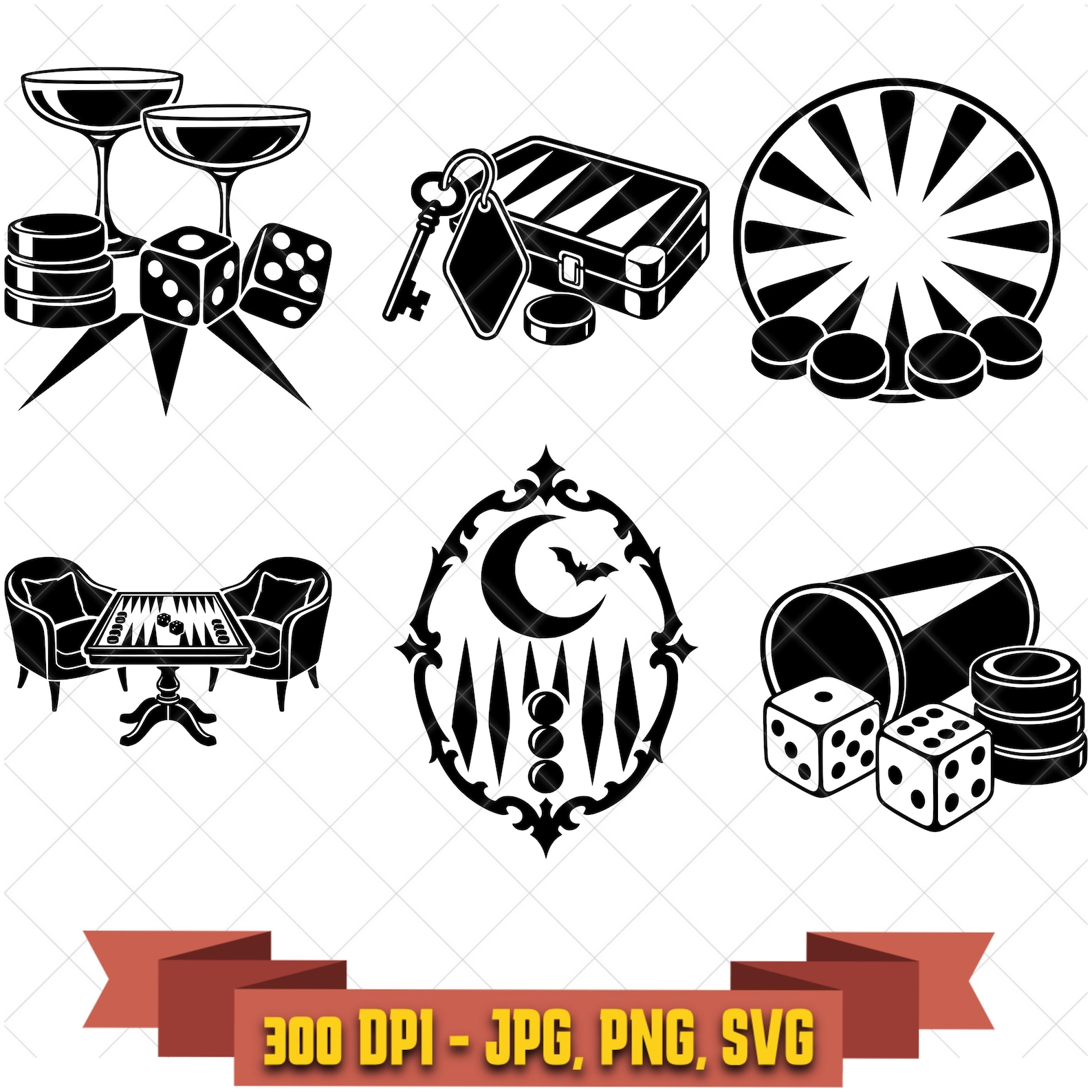 Backgammon Social Club SVG Bundle, 6 Game Night Designs, Classic Board Game Art, PNG JPG in the Decorative Elements collection by KleanKutChaos.