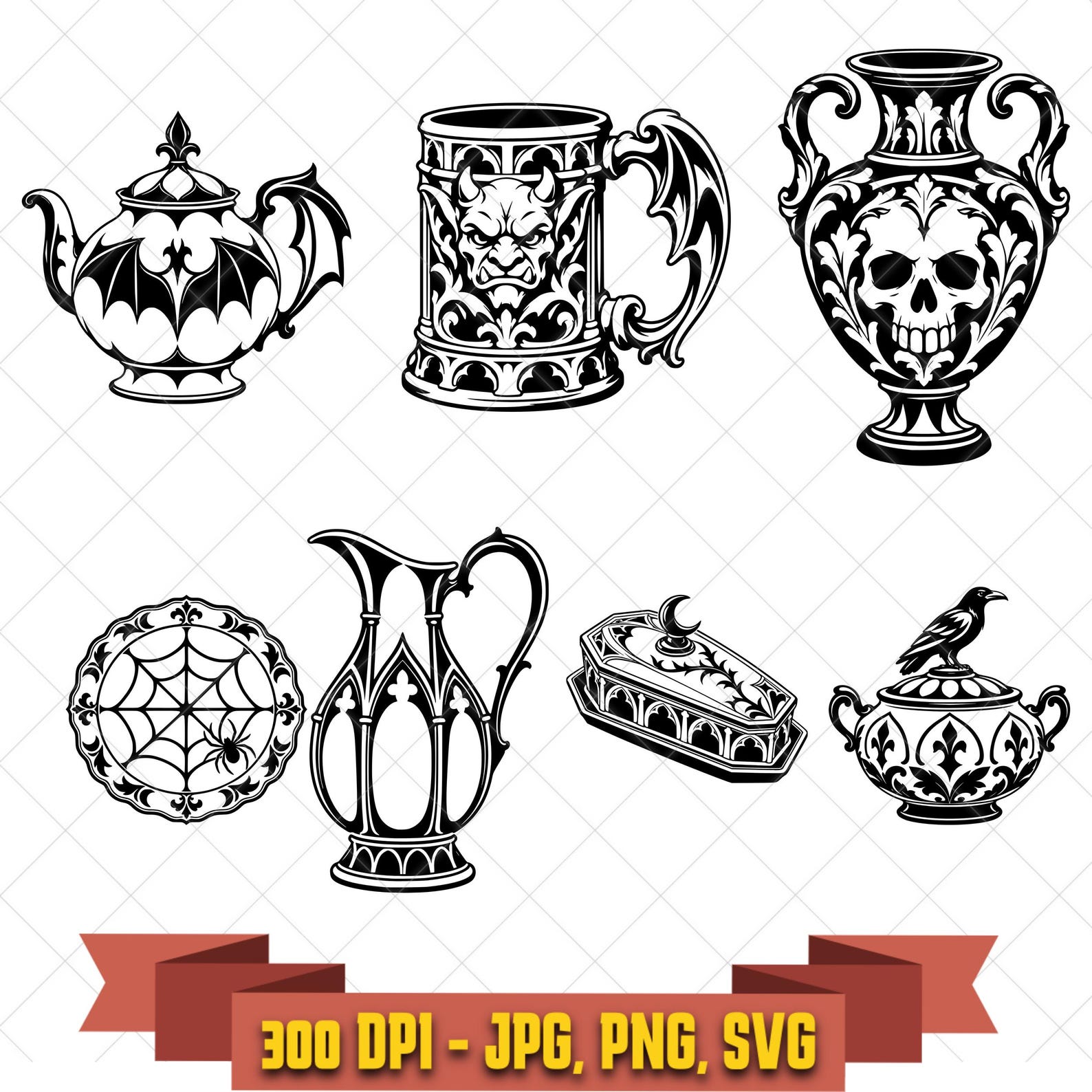 Goth Pottery SVG Bundle Part 1, 7 Bat Teapot and Gothic Tableware Designs, PNG JPG in the Horror/Halloween collection by KleanKutChaos.