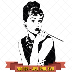 May include: Black and white graphic of a woman with a high bun, wearing a necklace and earrings, holding a cigarette holder to her lips. The image includes text on a banner that reads "300 DPI - JPG, PNG, SVG".
