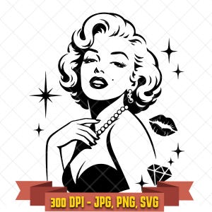 May include: A black and white graphic illustration of a woman with wavy hair, wearing a pearl necklace and a dark top. The design includes four-pointed star accents, a pair of lips, and a diamond shape. Text at the bottom reads 300 DPI - JPG, PNG, SVG. This image is part of the Marilyn Monroe Portrait SVG, Vintage Glam Hollywood Silhouette Cut File digital download.