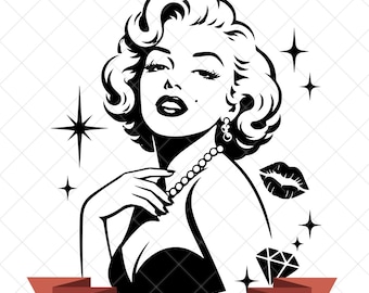 May include: A black and white graphic illustration of a woman with wavy hair, wearing a pearl necklace and a dark top. The design includes four-pointed star accents, a pair of lips, and a diamond shape. Text at the bottom reads 300 DPI - JPG, PNG, SVG.