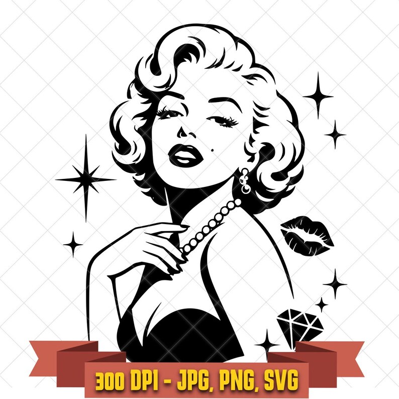 May include: A black and white graphic illustration of a woman with wavy hair, wearing a pearl necklace and a dark top. The design includes four-pointed star accents, a pair of lips, and a diamond shape. Text at the bottom reads 300 DPI - JPG, PNG, SVG. This image is part of the Marilyn Monroe Portrait SVG, Vintage Glam Hollywood Silhouette Cut File digital download.