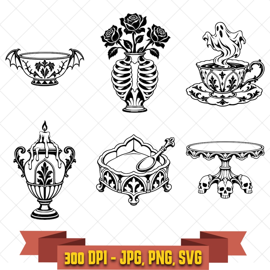 Goth pottery digital-design bundle with six haunted teacups and gothic tableware illustrations