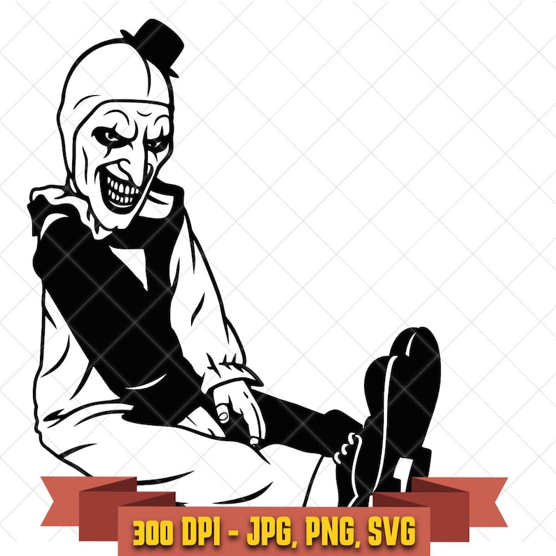 Art the Clown SVG, creepy horror clown sitting on floor grinning black and white Terrifier clipart for Cricut and Halloween crafts