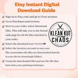 May include: An instructional guide titled Etsy Instant Digital Download Guide with a checklist of steps for accessing files. It features a circular logo for Klean Kut Chaos with scissors and text. The background is light pink with orange text headers. This image is part of the Qui-Gon Jinn & Obi-Wan Kenobi SVG PNG JPG Bundle, Star Wars Jedi Graphics Pack, Cricut Silhouette Cut File, Digital Download digital download.