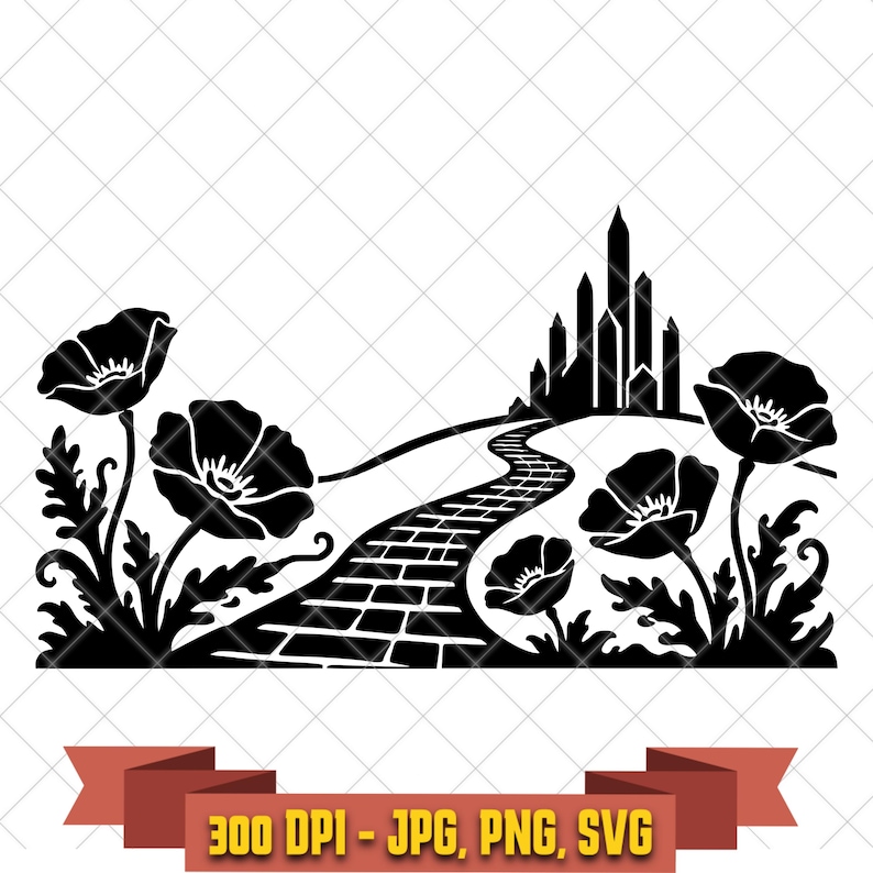 Black-and-white Wizard of Oz cut file showing the Yellow Brick Road curving toward Emerald City through poppies with Toto in the foreground