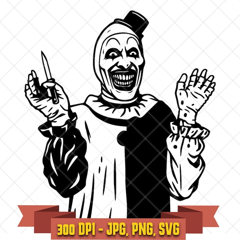 Art the Clown SVG, creepy horror clown smiling and holding knife black and white Terrifier clipart for Cricut and Halloween crafts