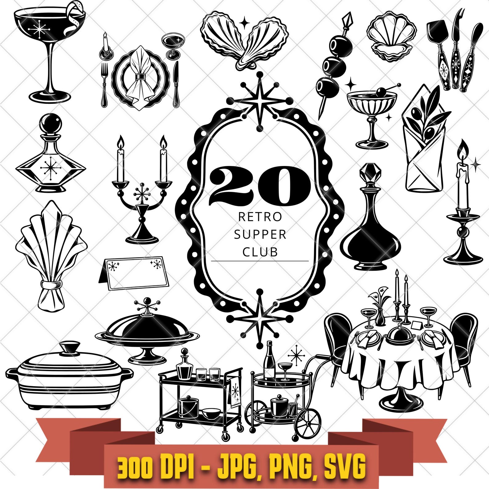 20 Retro Supper Club SVG Bundle, Cocktail, Bar Cart and Dinner Cut Files in the Decorative Elements collection by KleanKutChaos.