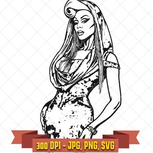 Drag queen SVG, glamorous performer in elegant hooded gown black and white clipart for Cricut and pride crafts