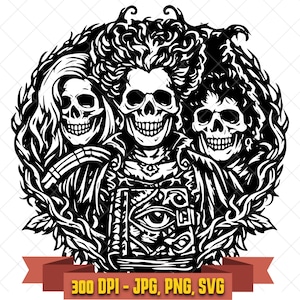 May include: A black and white graphic illustration featuring three skulls with distinct hairstyles arranged in a circular frame. The central skull holds a book with a prominent eye design on the cover. A red banner at the bottom displays 300 DPI - JPG, PNG, SVG.