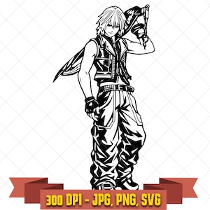 May include: A black and white digital illustration of a spiky-haired character wearing a sleeveless vest, fingerless gloves, and baggy pants, holding a large sword over one shoulder. A red banner at the bottom displays the text 300 DPI - JPG, PNG, SVG.