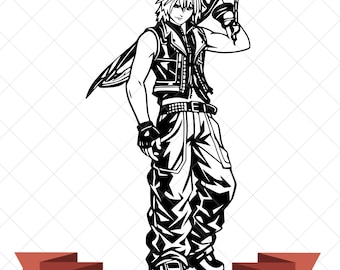 May include: A black and white digital illustration of a spiky-haired character wearing a sleeveless vest, fingerless gloves, and baggy pants, holding a large sword over one shoulder. A red banner at the bottom displays the text 300 DPI - JPG, PNG, SVG.