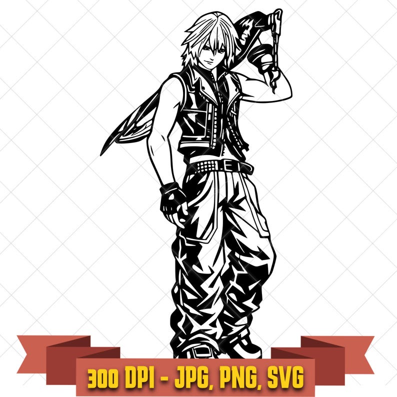 Black and white stylized full-body graphic of Riku from Kingdom Hearts with oversized sword over his shoulder, designed as a high-contrast digital cut file for Cricut, Silhouette, shirts, stickers, and fan crafts.