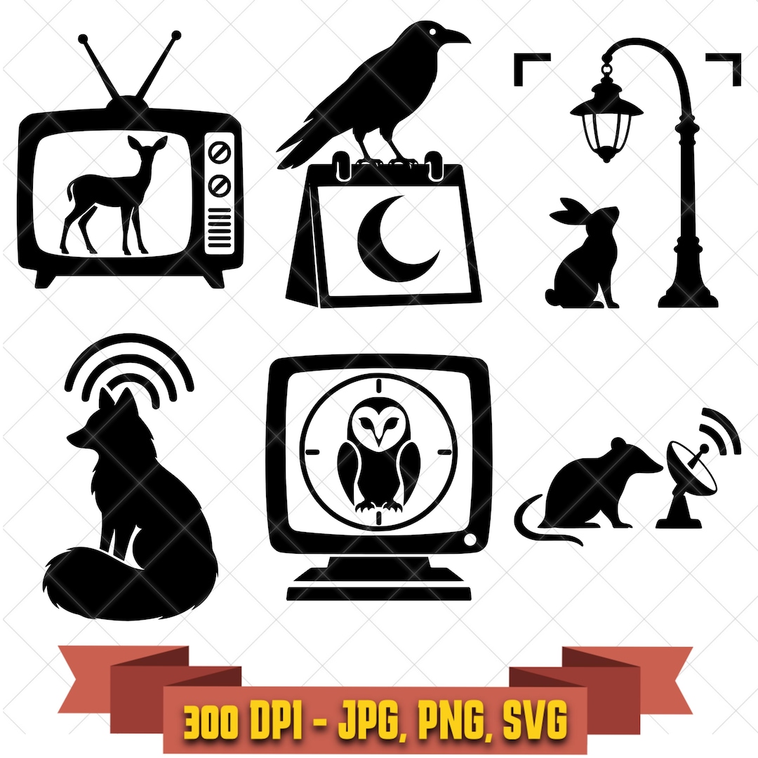 Future omen digital-design bundle combining woodland animals with retro technology in surreal dark-fantasy scenes