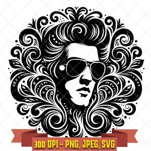 May include: A black and white graphic illustration of a person with voluminous hair wearing dark sunglasses, surrounded by intricate swirling filigree patterns. A red banner at the bottom displays the text 300 DPI - PNG, JPEG, SVG.