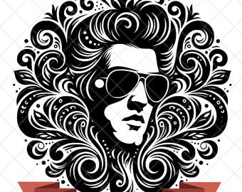 May include: A black and white graphic illustration of a person with voluminous hair wearing dark sunglasses, surrounded by intricate swirling filigree patterns. A red banner at the bottom displays the text 300 DPI - PNG, JPEG, SVG.
