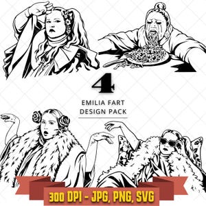 May include: A black and white digital design pack featuring four distinct illustrations of a person in various poses, including eating spaghetti and wearing a fur-trimmed garment. The text reads 4 EMILIA FART DESIGN PACK 300 DPI - JPG, PNG, SVG.