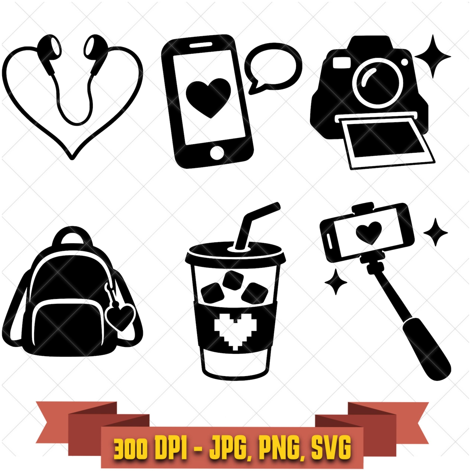 Mid 2010s Nostalgia SVG Bundle, 6 Earbud Phone Camera and Backpack Illustrations, PNG JPG in the Decorative Elements collection by KleanKutChaos.