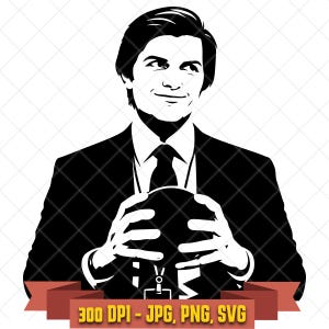 May include: A black and white graphic illustration of a person in a suit and tie holding a circular object. Below the figure is a red banner containing the text 300 DPI - JPG, PNG, SVG. The design features high contrast lines and solid shapes.
