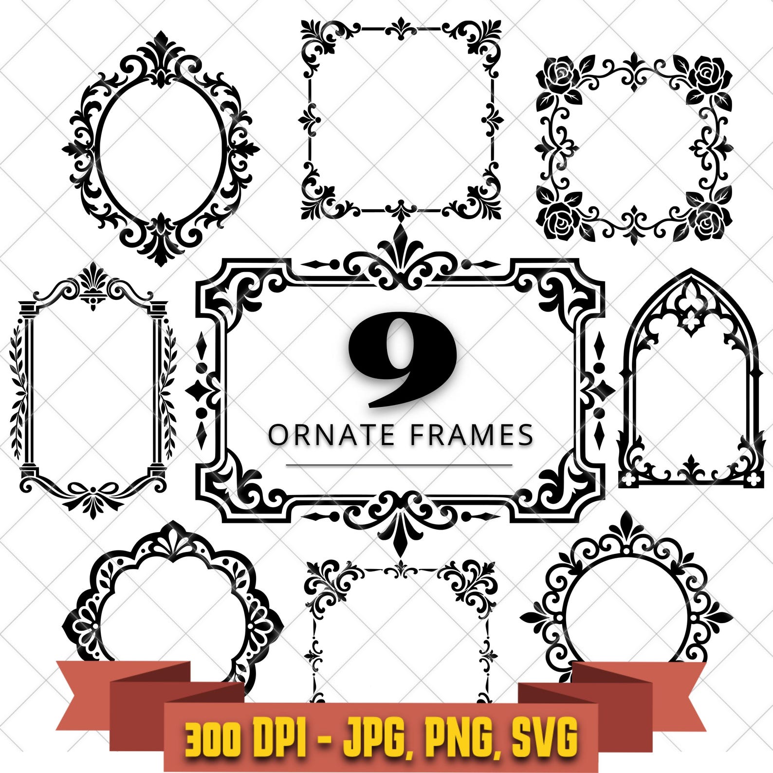 9 Ornate Vintage Frames Bundle, Floral Victorian Clipart, Elegant Labels (SVG, PNG) in the Decorative Elements collection by KleanKutChaos.
