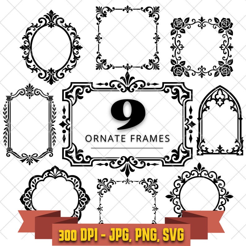 Nine black ornate vintage frame cut files with roses, scrollwork, arches, and Victorian borders