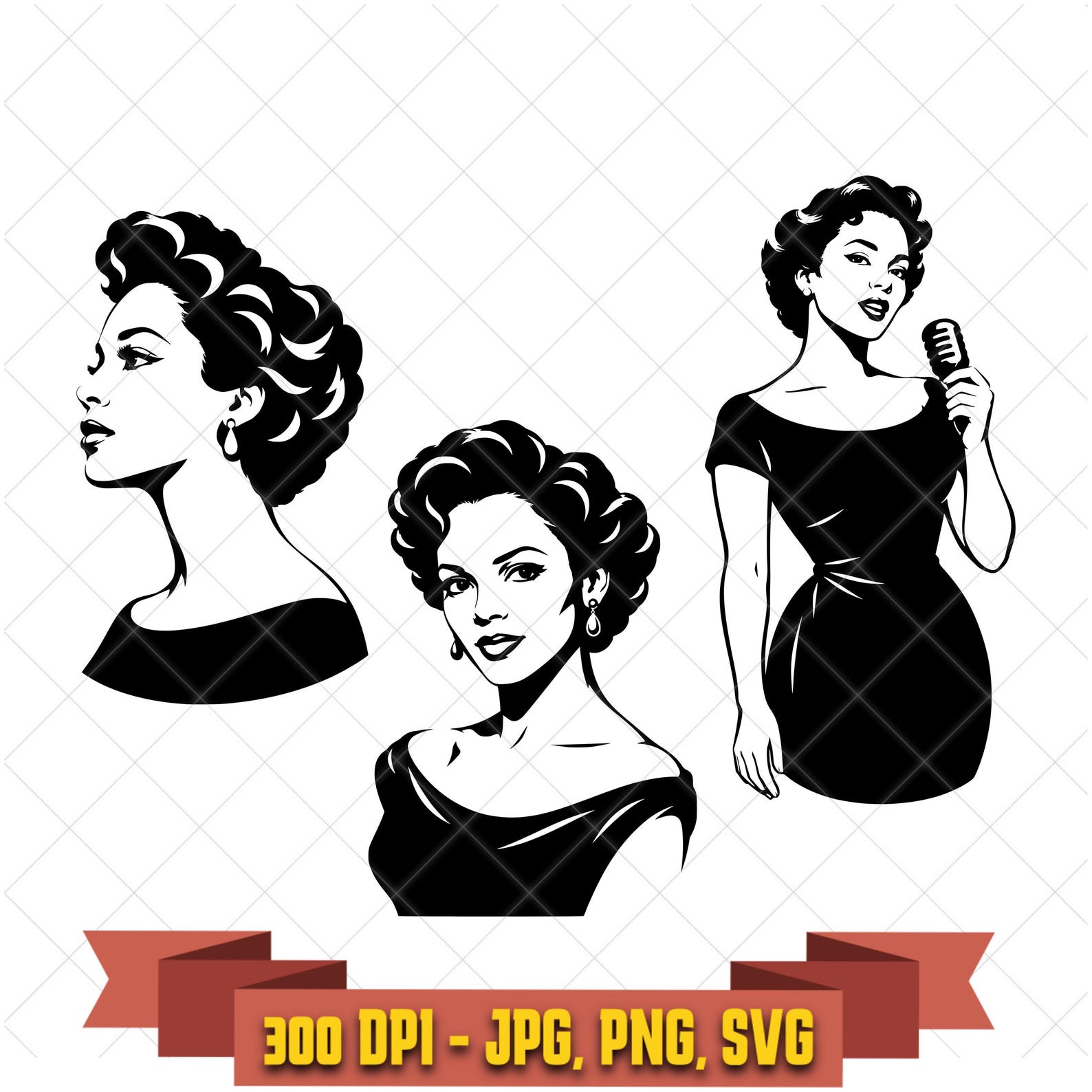 Vintage Leading Lady SVG Bundle, 3 Portrait Designs, Elegant Profile and Microphone Art, PNG JPG in the Celebrities collection by KleanKutChaos.