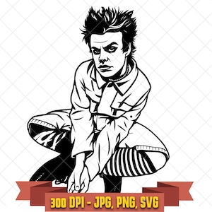 May include: A black and white graphic illustration of a person with spiky hair, dark eye makeup, and a collared jacket, crouching down. The figure wears striped leggings and dark footwear. Below the figure is a red banner with the text 300 DPI - JPG, PNG, SVG.