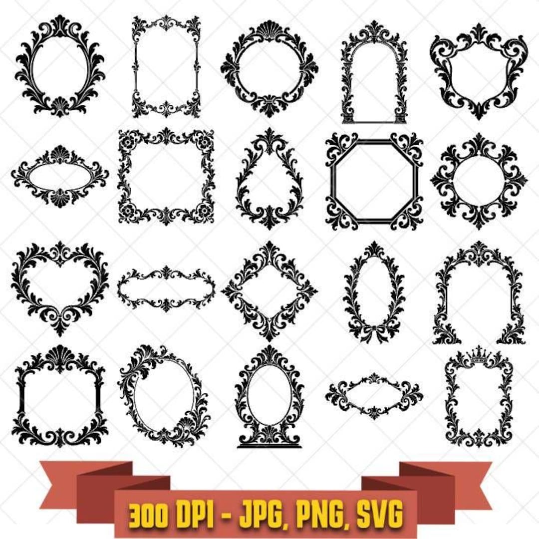 Twenty black ornate baroque frame and vintage border cut files shown as a digital bundle