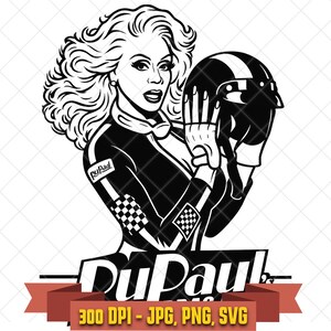 RuPaul SVG, drag queen in racing suit holding helmet black and white RuPaul Drag Race clipart for Cricut and pride crafts