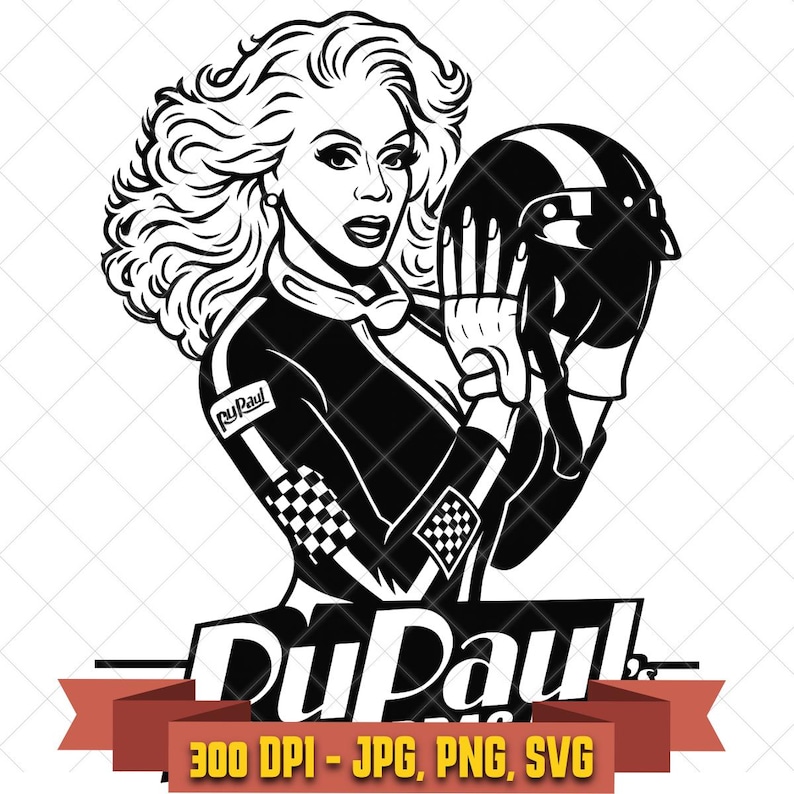 RuPaul SVG, drag queen in racing suit holding helmet black and white RuPaul Drag Race clipart for Cricut and pride crafts