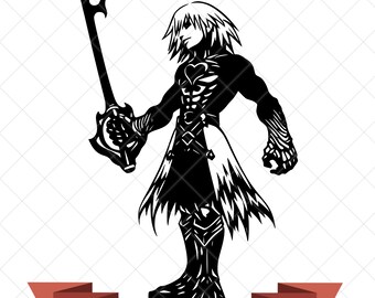 May include: A black and white digital illustration of a spiky-haired character holding a large, ornate sword. The figure features a heart emblem on the chest, textured arm details, and a tattered skirt. Below, a red banner displays 300 DPI - JPG, PNG, SVG.