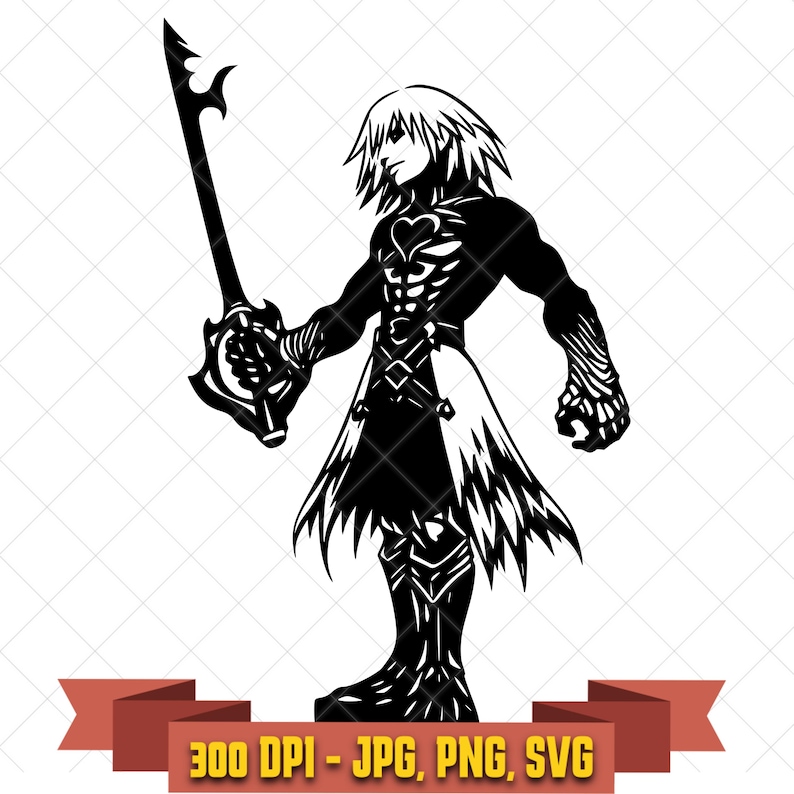 Black dark-fantasy shadow warrior silhouette holding an oversized key-shaped blade