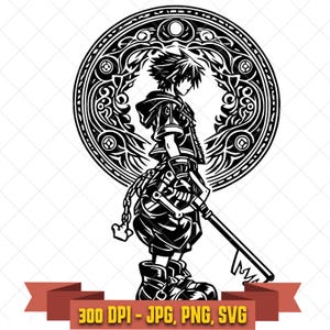 May include: A black and white graphic illustration of a spiky-haired character holding a large key-shaped sword, standing in front of an ornate circular frame. Below the figure is a red banner with the text 300 DPI - JPG, PNG, SVG.