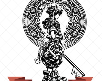 May include: A black and white graphic illustration of a spiky-haired character holding a large key-shaped sword, standing in front of an ornate circular frame. Below the figure is a red banner with the text 300 DPI - JPG, PNG, SVG.