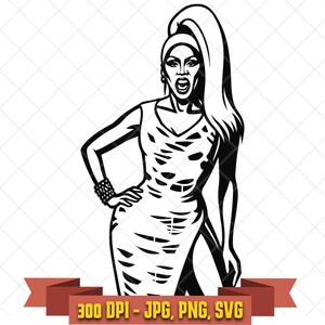 Drag queen SVG, fierce performer in ripped dress and high ponytail black and white clipart for Cricut and pride crafts