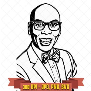 RuPaul SVG, stylish drag icon in suit with glasses and bow tie black and white clipart for Cricut and pride crafts