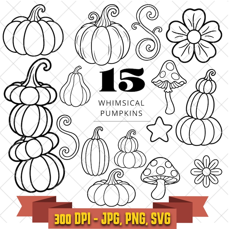 Fifteen black line-art pumpkin, gourd, mushroom, flower, vine, and star cut-file designs