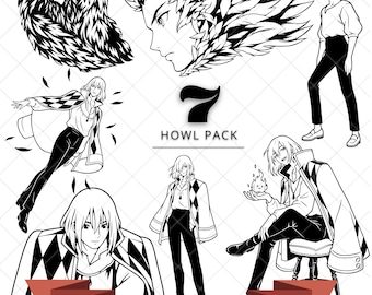 May include: A digital collection of seven black and white line art illustrations featuring anime characters, including a winged figure, a profile portrait, and various poses of a character in a patterned coat. Text reads 7 HOWL PACK 300 DPI - JPG, PNG, SVG.