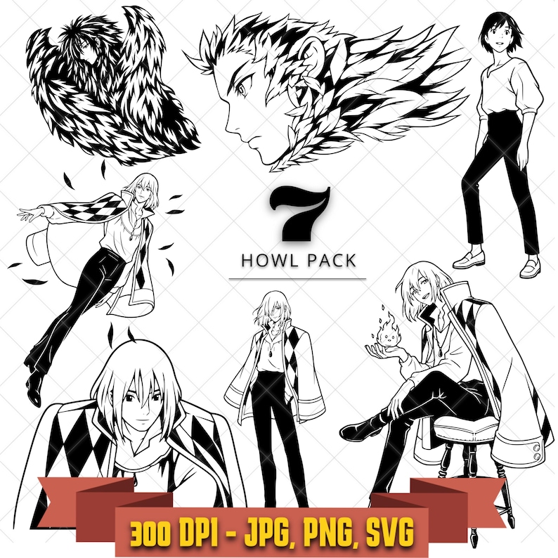 May include: A digital collection of seven black and white line art illustrations featuring anime characters, including a winged figure, a profile portrait, and various poses of a character in a patterned coat. Text reads 7 HOWL PACK 300 DPI - JPG, PNG, SVG. This image is part of the Howl's Moving Castle SVG Bundle, Anime Clipart, Calcifer Cricut Files digital download.