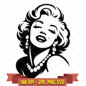 May include: A black and white graphic illustration of a woman with voluminous wavy hair, closed eyes, and a beauty mark, wearing dangling earrings and a beaded necklace. Below the portrait is a red banner with the text 300 DPI - JPG, PNG, SVG.