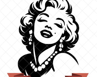 Könnte beinhalten: Eine schwarz-weiße grafische Illustration einer Frau mit voluminösem, welligem Haar, geschlossenen Augen und einem Schönheitsfleck, die hängende Ohrringe und eine Perlenkette trägt. Unter dem Porträt befindet sich ein rotes Banner mit dem Text 300 DPI - JPG, PNG, SVG.