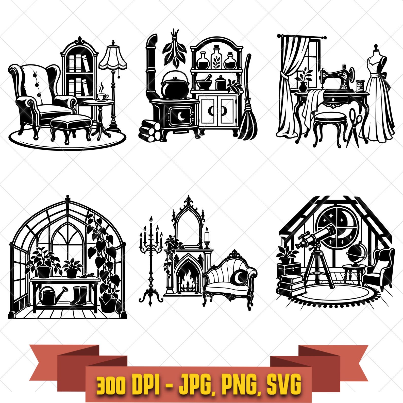 Dollhouse Interior SVG Bundle, 6 Tiny Room Vignette Designs, Miniature Home Art, PNG JPG in the Decorative Elements collection by KleanKutChaos.