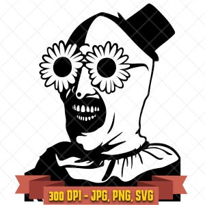 Art the Clown SVG, creepy horror clown wearing daisy flower glasses black and white Terrifier clipart for Cricut and Halloween crafts