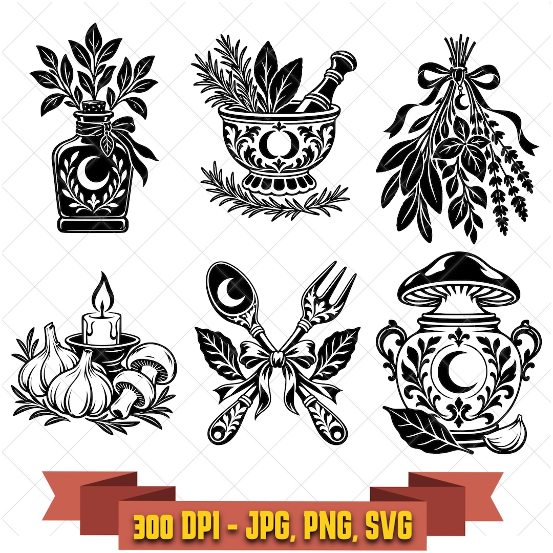 Kitchen witch pantry digital-design bundle with herbal bottles, mortar and pestle, mushrooms, and pantry motifs