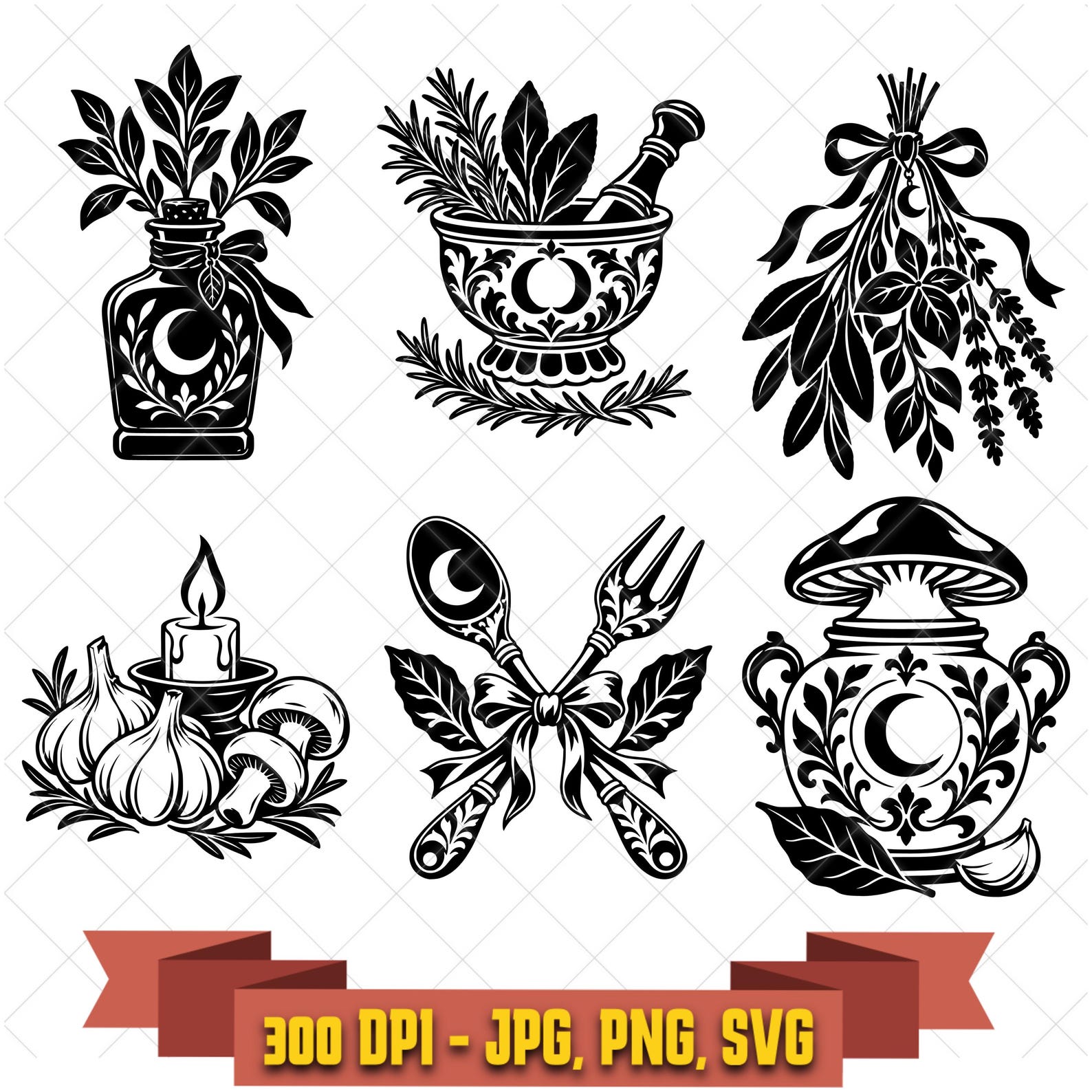 Kitchen Witch Pantry SVG Bundle, 6 Herbal Bottle Mortar and Mushroom Designs, PNG JPG in the Horror/Halloween collection by KleanKutChaos.