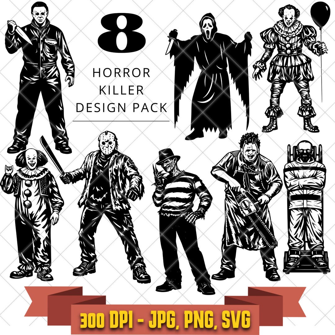 Eight black-and-white horror killer character cut files shown in a digital SVG bundle