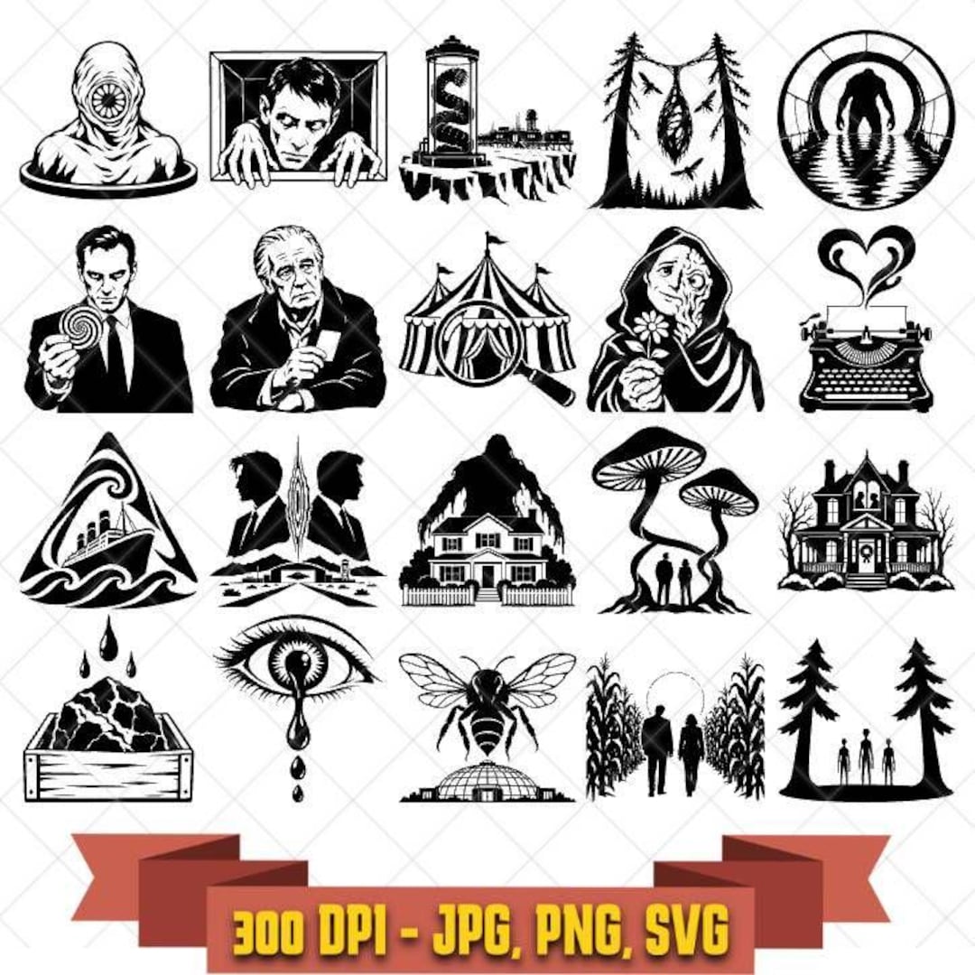 Twenty black-and-white paranormal investigation and alien mystery graphics shown as a digital cut-file bundle