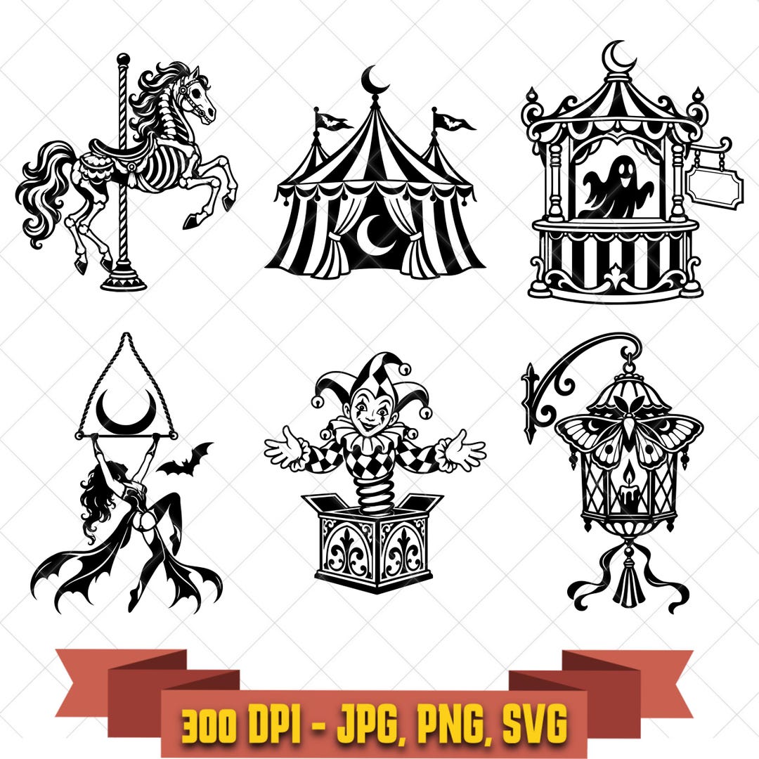 Haunted circus digital-design bundle with spooky carousel, big-top tent, and carnival illustrations