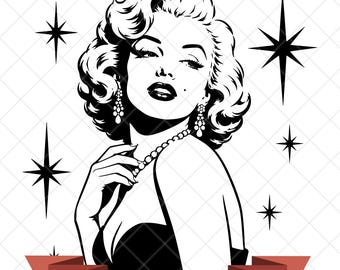 May include: A black and white graphic illustration of a woman with wavy hair, wearing drop earrings and a beaded necklace. The design features four-pointed star accents and a red banner at the bottom with the text 300 DPI - JPG, PNG, SVG.